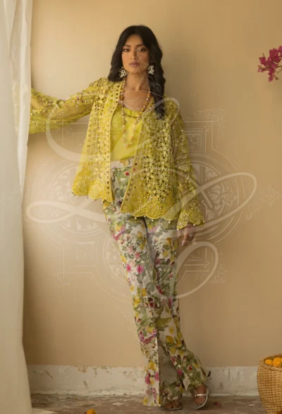 AVA - Cutwork Coat with bell Sleeves and printed bootcut Pant