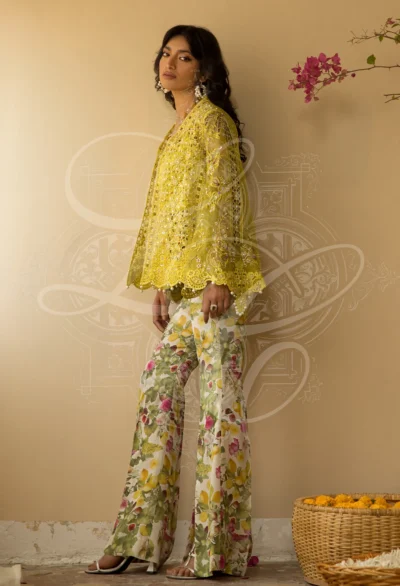 AVA - Cutwork Coat with bell Sleeves and printed bootcut Pant - Image 6
