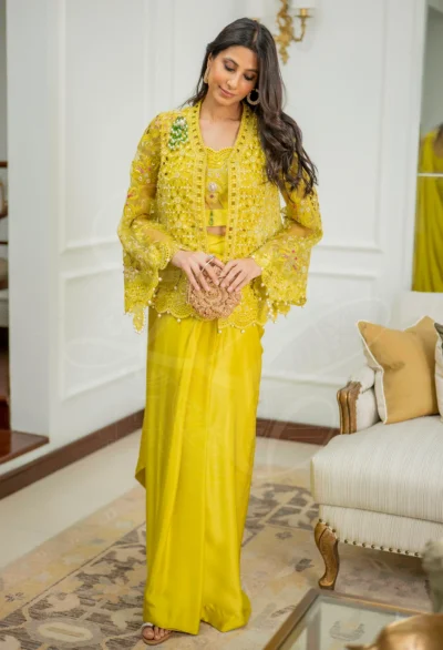 Zaria Neon Yellow Cutwork Saree Skirt Set - Image 3