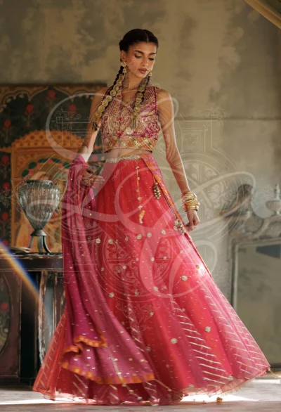 Soraya - Gota work halter blouse with gota work lehenga with Kaamdani Chiffon Dupatta - Image 3