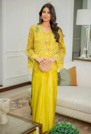 Zaria Neon Yellow Cutwork Saree Skirt Set