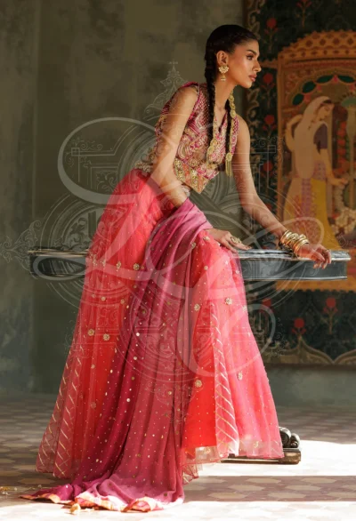 Soraya - Gota work halter blouse with gota work lehenga with Kaamdani Chiffon Dupatta - Image 5