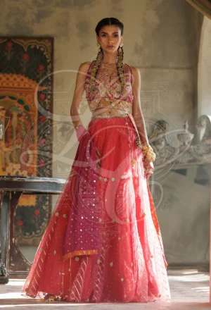 Soraya - Gota work halter blouse with gota work lehenga with Kaamdani Chiffon Dupatta