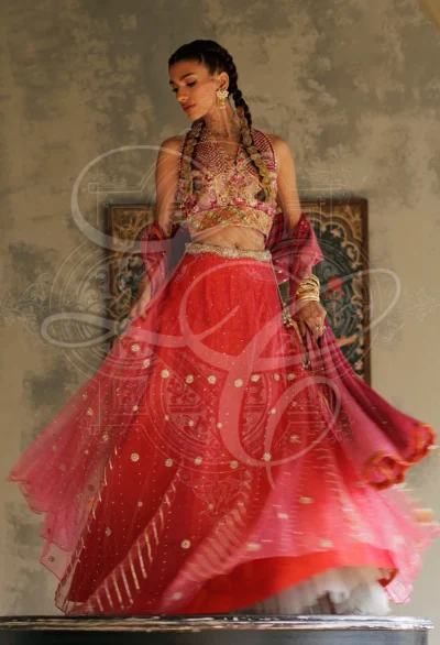 Soraya - Gota work halter blouse with gota work lehenga with Kaamdani Chiffon Dupatta - Image 2
