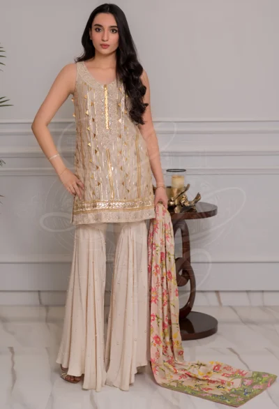 Ayla Beige Gota Tunic & Gharara Set