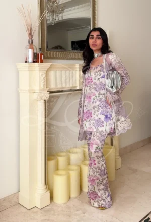 Lavender Coat – Embellished Sleeve Set with Camisole & Pearl Palazzos