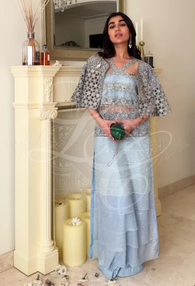 Sona – Cornflower Blue Sequin Cape Set - Image 3