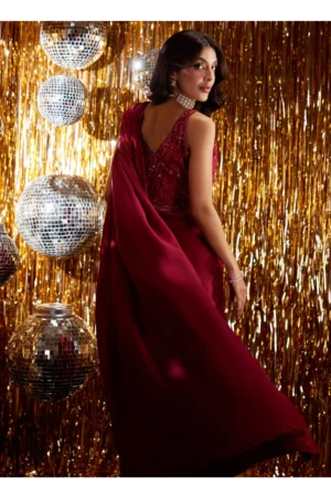Carmine Charmeuse Saree And Velvet Blouse