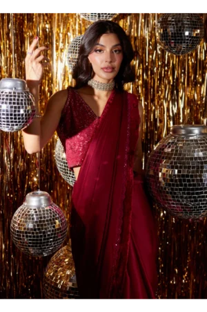 Carmine Charmeuse Saree And Velvet Blouse