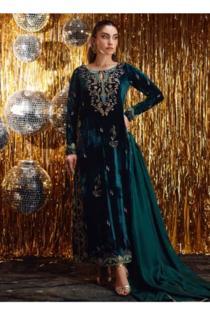Gleen Forest Green Velvet Shirt And Dupatta