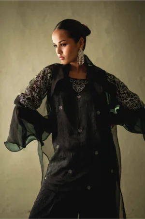 Tahlia Black Organza Pleated Coat