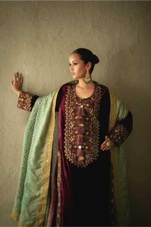 Eloria Plum Velvet Long Shirt Set
