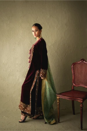 Eloria Plum Velvet Long Shirt Set