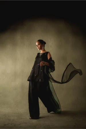 Tahlia Black Organza Pleated Coat