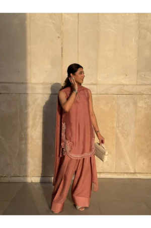 Peachy Pink Embroidered Silk Set