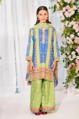 Herringbone Digital Printed Green & Blue (3 Pc Suit)