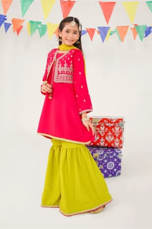 Hot Pink Raw Silk Embroidered (3 Pc Suit)