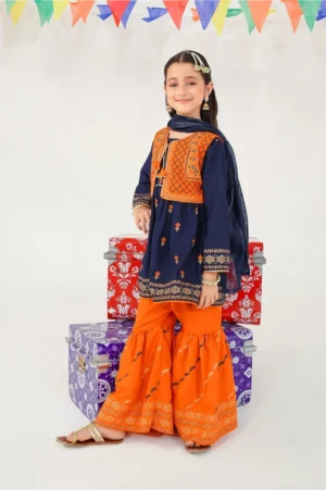 Navy Blue Raw Silk Printed (3 Pc Suit)