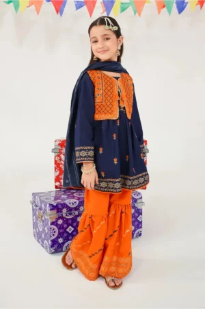 Navy Blue Raw Silk Printed (3 Pc Suit)