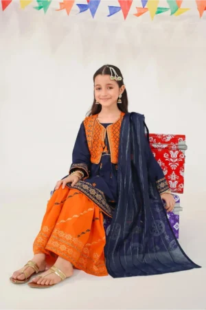 Navy Blue Raw Silk Printed (3 Pc Suit)