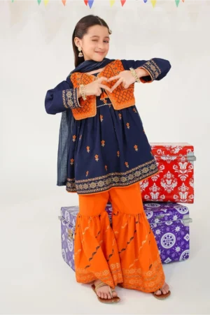Navy Blue Raw Silk Printed (3 Pc Suit)
