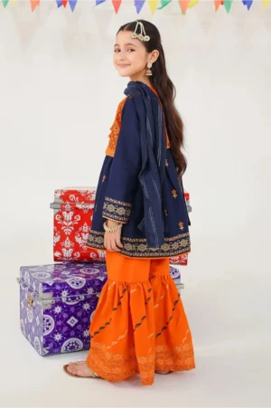 Navy Blue Raw Silk Printed (3 Pc Suit)