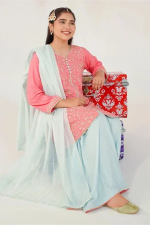 Candy Pink Cotton Silk Embroidered (3 Pc Suit)