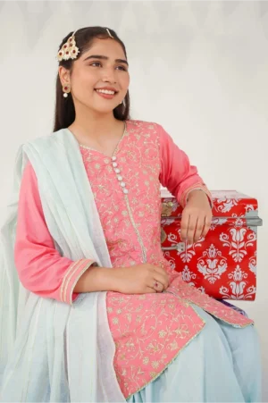 Candy Pink Cotton Silk Embroidered (3 Pc Suit)