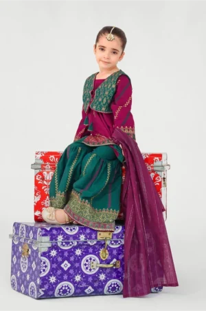 Magenta Pink Raw Silk Printed (3 Pc Suit)