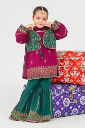 Magenta Pink Raw Silk Printed (3 Pc Suit)