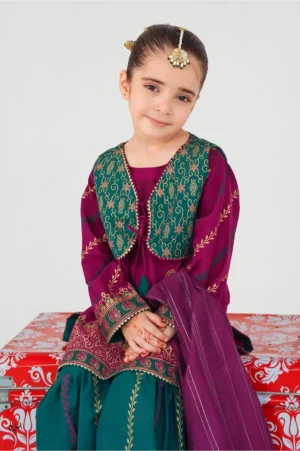 Magenta Pink Raw Silk Printed (3 Pc Suit)
