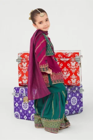 Magenta Pink Raw Silk Printed (3 Pc Suit)
