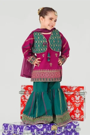 Magenta Pink Raw Silk Printed (3 Pc Suit)