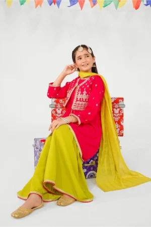 Hot Pink Raw Silk Embroidered (3 Pc Suit)