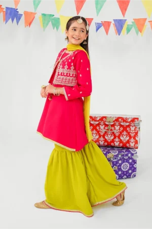 Hot Pink Raw Silk Embroidered (3 Pc Suit)
