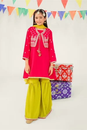 Hot Pink Raw Silk Embroidered (3 Pc Suit)