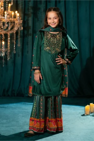 Green Velvet Hand Adda Work (3 Pc Suit)