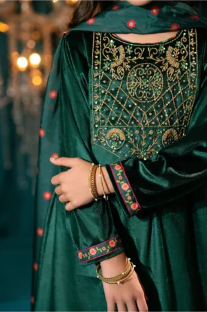 Green Velvet Hand Adda Work (3 Pc Suit)