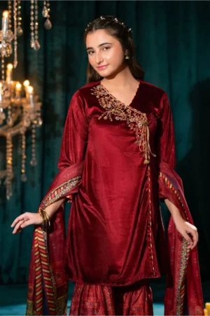 Maroon Velvet Hand Adda Work (3 Pc Suit)