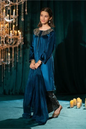 Blue Velvet Hand Adda Work (3 Pc Suit)