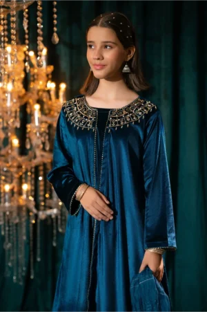 Blue Velvet Hand Adda Work (3 Pc Suit)