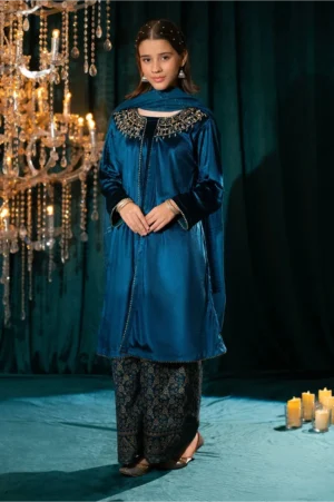 Blue Velvet Hand Adda Work (3 Pc Suit)