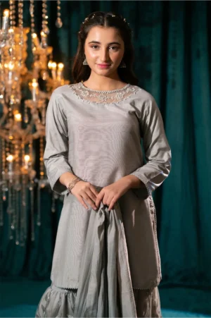 Grey Cotton Silk Hand Adda Work (3 Pc Suit)