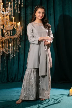 Grey Cotton Silk Hand Adda Work (3 Pc Suit)