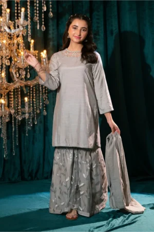 Grey Cotton Silk Hand Adda Work (3 Pc Suit)