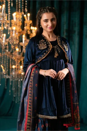 Velvet Hand Adda Work Navy Blue (3 Pc Suit)