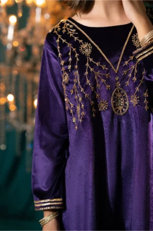 Purple Velvet Hand Adda Work (3 Pc Suit)