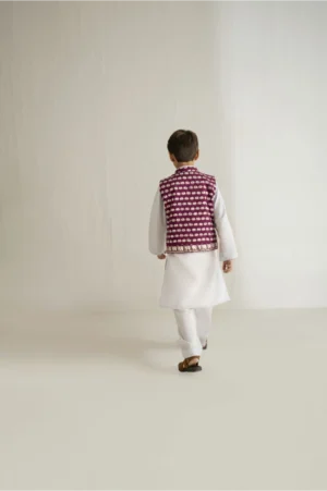 Blue Elephant Kurta with Purple Waistcoat Set