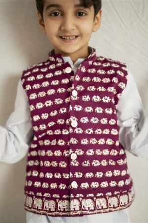 Blue Elephant Kurta with Purple Waistcoat Set