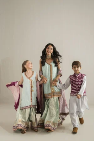 Blue Elephant Kurta with Purple Waistcoat Set